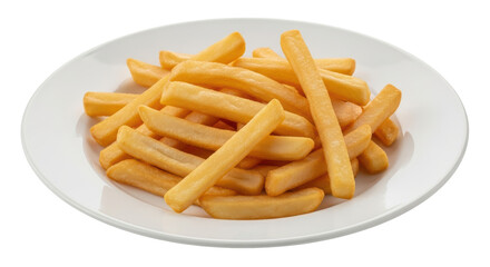 Isolated portion of French fries, salty, crispy potato chips, plate of golden brown potatoes