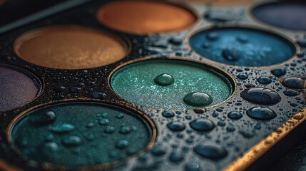 Colorful Makeup Palette with Water Droplets and Rich Textures