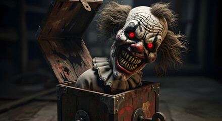 Scary Jack-in-the-box with glowing red eyes, a terrifying clown emerging from a vintage wooden box