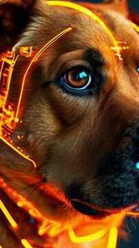 Closeup of the face of a dog wearing orange glowing digital cyber technology.