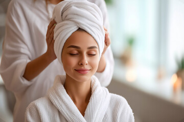 Calm woman receiving head massage, spa worker adjusts towel and begins massage, eyes closed, soft robe and daylight setting, massage promotes relaxation and hair treatment comfort, cozy wellness vibe