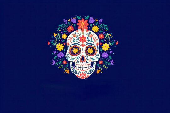 Vibrant flowers surround a colorful skull, representing the joyous spirit of Day of the Dead festivities, a time to honor and remember loved ones who have passed