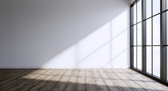 Empty room with large industrial windows casting dramatic sunlight shadows on the wall and floor