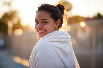 Smiling woman in white towel, golden hour background, soft backlight on hair, towel draped over shoulders, post swim freshness, woman looks to camera with relaxed smile, cozy outdoor wellness vibe