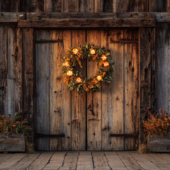 Rustic autumn barn doors adorned with a glowing pumpkin and foliage wreath, seasonal decor.