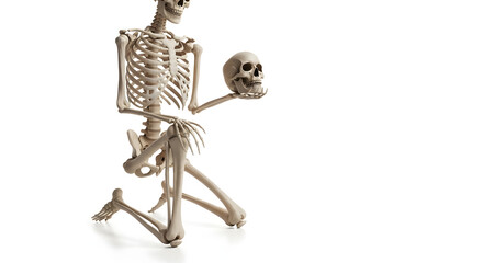 A dramatic human skeleton kneeling while contemplating a skull, symbolizing mortality and anatomy, isolated on a clean white background