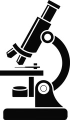 Black and white microscope silhouette, scientific laboratory instrument icon, research tool for magnifying samples, biology and science equipment illustration.