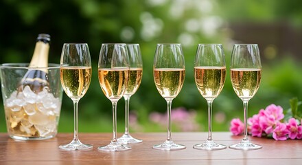 Elegant champagne flutes filled with a light-colored sparkling wine on a bar counter, with a blurred backdrop of a garden party in spring with blooming flowers. 
