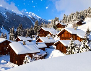 Snowy alpine village nestled in mountains