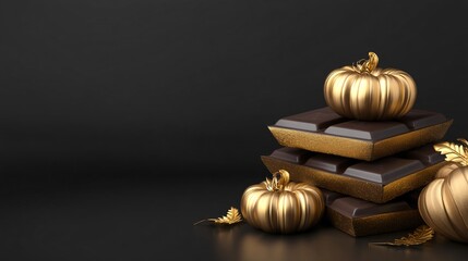Luxurious Dark Chocolate Bars with Golden Pumpkins and Autumn Leaves Autumnal Treats