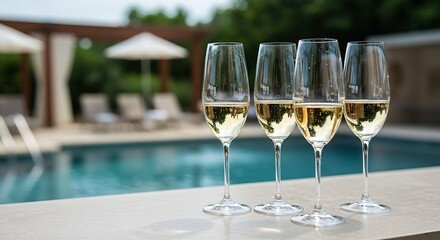 Elegant champagne flutes filled with a light-colored sparkling wine on a bar counter, with a blurred backdrop of a luxurious spa and tranquil pool.