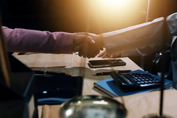 Consultation and conference of professional businesswoman and Male lawyers working and discussion having at law firm in office. Concepts of law, Judge gavel with scales of justice