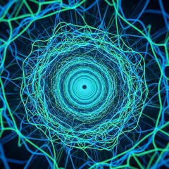A captivating, swirling tunnel of glowing turquoise and teal lines creates an otherworldly and mesmerizing effect.
