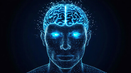 Digital human head with glowing brain and neural network visualization
