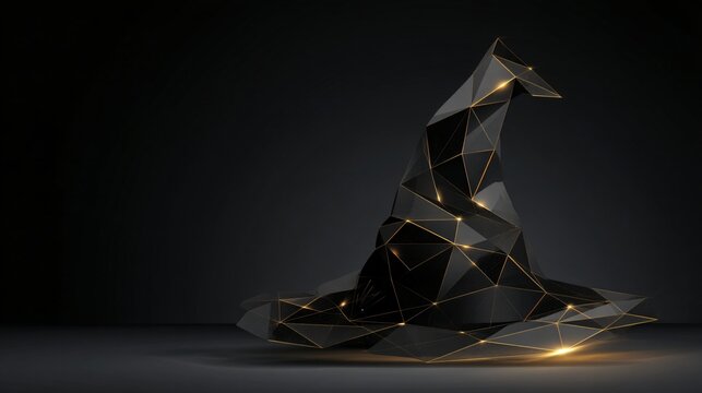 Low Poly Black Witch Hat with Gold Accents Halloween Design 3D Render