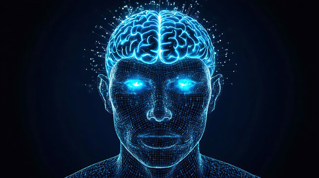 Digital human head with glowing brain and neural network visualization - Powered by Adobe