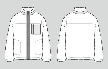 Front zip teddy jacket. Unisex casual clothing. Vector technical sketch. Mockup template. © Anna