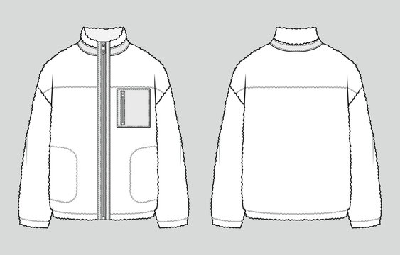 Front zip teddy jacket. Unisex casual clothing. Vector technical sketch. Mockup template.