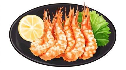 A vibrant illustration of succulent shrimp served on a black plate, garnished with fresh lettuce and a slice of lemon.