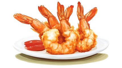 A vibrant illustration of crispy fried shrimp served on a plate with a side of dipping sauce.