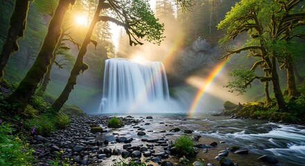 A breathtaking waterfall cascading over a cliff face, illuminated by a vibrant sunrise, with a double rainbow arcing across the tranquil riverbed.