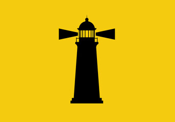 Black lighthouse with dual beams centered on a yellow background