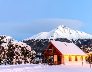 Snowy cabin at dawn with mountains