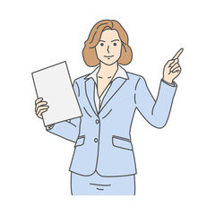 Cartoon illustration of confident businesswoman presenting information with a document in a professional attire