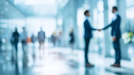 Blurred Business People Shaking Hands in Modern Office Lobby Corporate Deal Teamwork Concept
