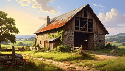 Obraz premium A picturesque rural landscape showcases a weathered stone barn nestled amidst rolling hills, bathed in the warm light of a sunny day.