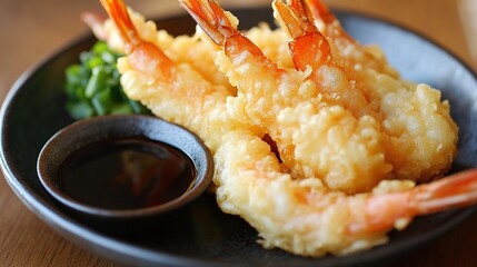 Golden, crispy tempura shrimp served with a side of dipping sauce and garnished with green vegetables, offering a delicious seafood experience.