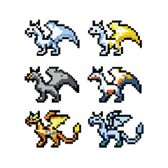 Dragon 8-Bit Pixel Art Icon Set. Collection of 6 Retro Fantasy Monster Sprites