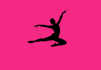 Silhouette of a dancer midleap against a hot pink background