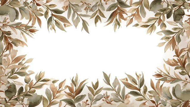 A beautiful rectangular frame completely bordered with lush, hand-painted watercolor botanical leaves and branches in soft, muted green and earth tones