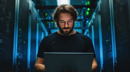 Young bearded man in a server room typing on a laptop, illuminated by cool blue and green light. Servers blur in the background