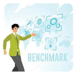 Benchmarking Concept. Businessman Interacting With Global Digital Benchmarks and Analysis Screen