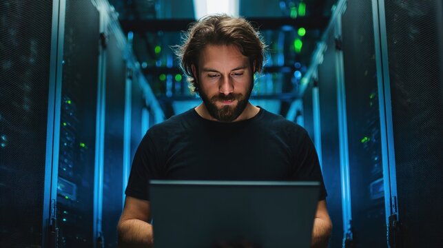 Young bearded man in a server room typing on a laptop, illuminated by cool blue and green light. Servers blur in the background