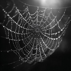 Delicate spiderweb covered in morning dew drops, macro photography, nature's artistry, ethereal beauty