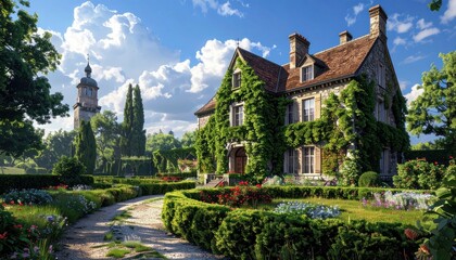 A charming stone manor house nestled within a beautifully landscaped garden, bathed in the warm sunlight of a summer's day.