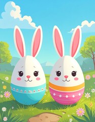 Easter bunnies in eggs on a grassy hill
