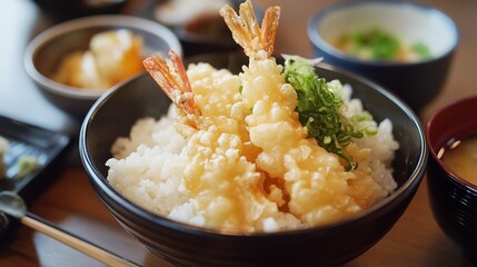 A delicious bowl of tempura shrimp served on rice, garnished with green onions, showcasing a traditional Japanese dish.