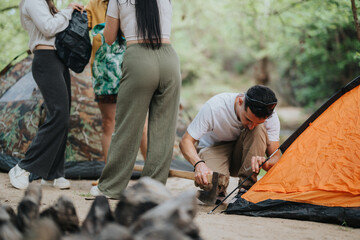 A group of friends collaborates to set up tents at a scenic campsite, enjoying nature. The image captures teamwork, outdoor adventure, and camaraderie during their camping trip in a natural setting.