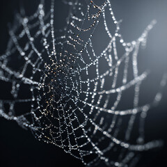 Delicate spiderweb covered in glistening morning dew drops, macro photography, nature's intricate beauty