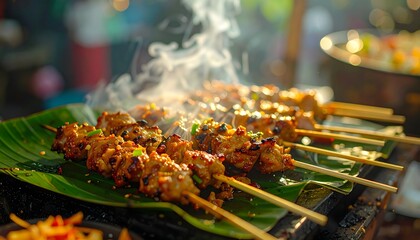 Aromatic grilled chicken satay skewers sizzling on a banana leaf, with smoke rising from the charcoal grill at a bustling food market