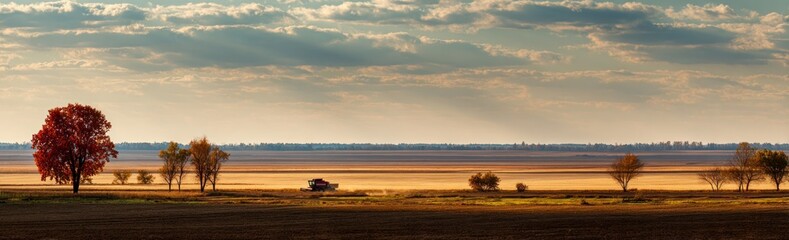 A panoramic shot shows fall trees scattered across a golden field under a sky with sun rays breaking through clouds