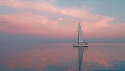 A serene sailboat gliding across calm waters under a pastel sunset sky, reflecting tranquil colors