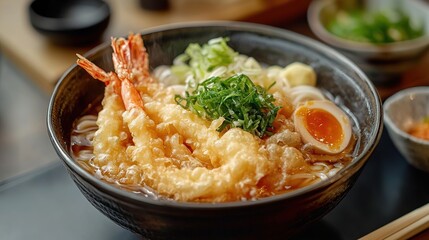 A bowl of shrimp tempura ramen topped with green onions and a soft-boiled egg, showcasing a delicious Japanese meal.