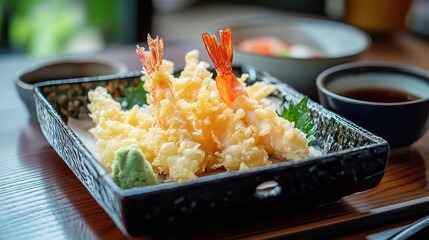 A delicious plate of crispy shrimp tempura served with wasabi and dipping sauce, showcasing a vibrant culinary experience.