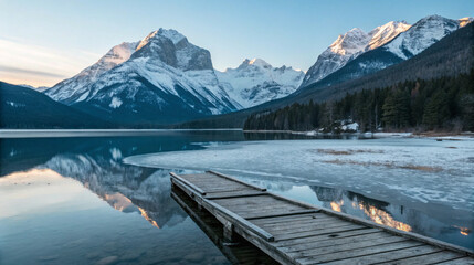 A wide landscape of snow-capped mountains mirrored in a still lake, where a weathered wooden pier lies broken along the icy shore.