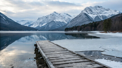 A wide landscape of snow-capped mountains mirrored in a still lake, where a weathered wooden pier lies broken along the icy shore.